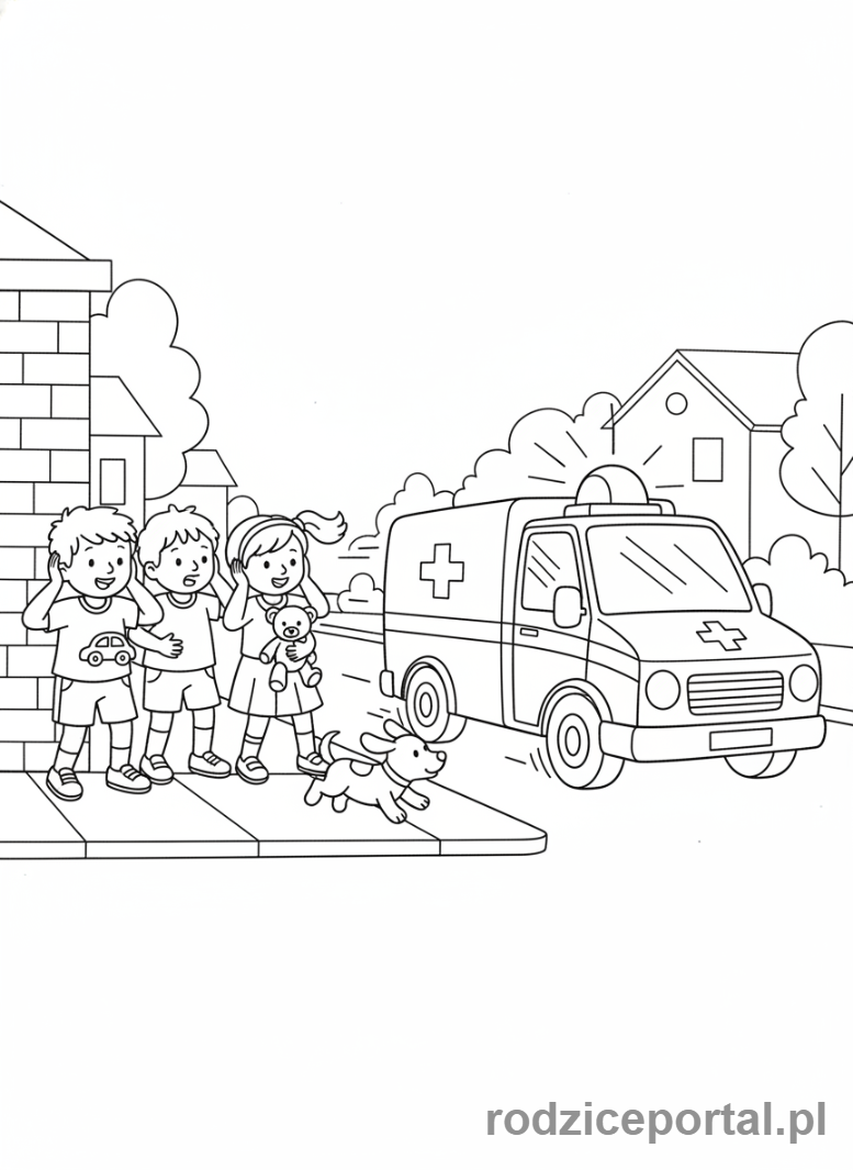 Kolorowanka Bezpieczeństwo Na Drodze - Karetka i dzieci