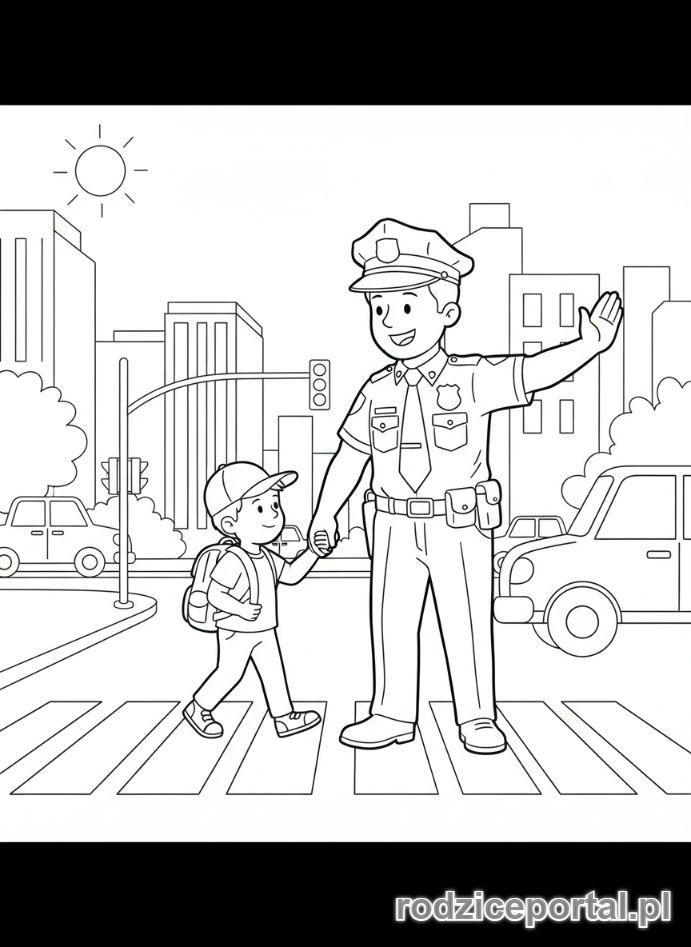 Kolorowanka Bezpieczeństwo Na Drodze - Policjant pomaga dziecku