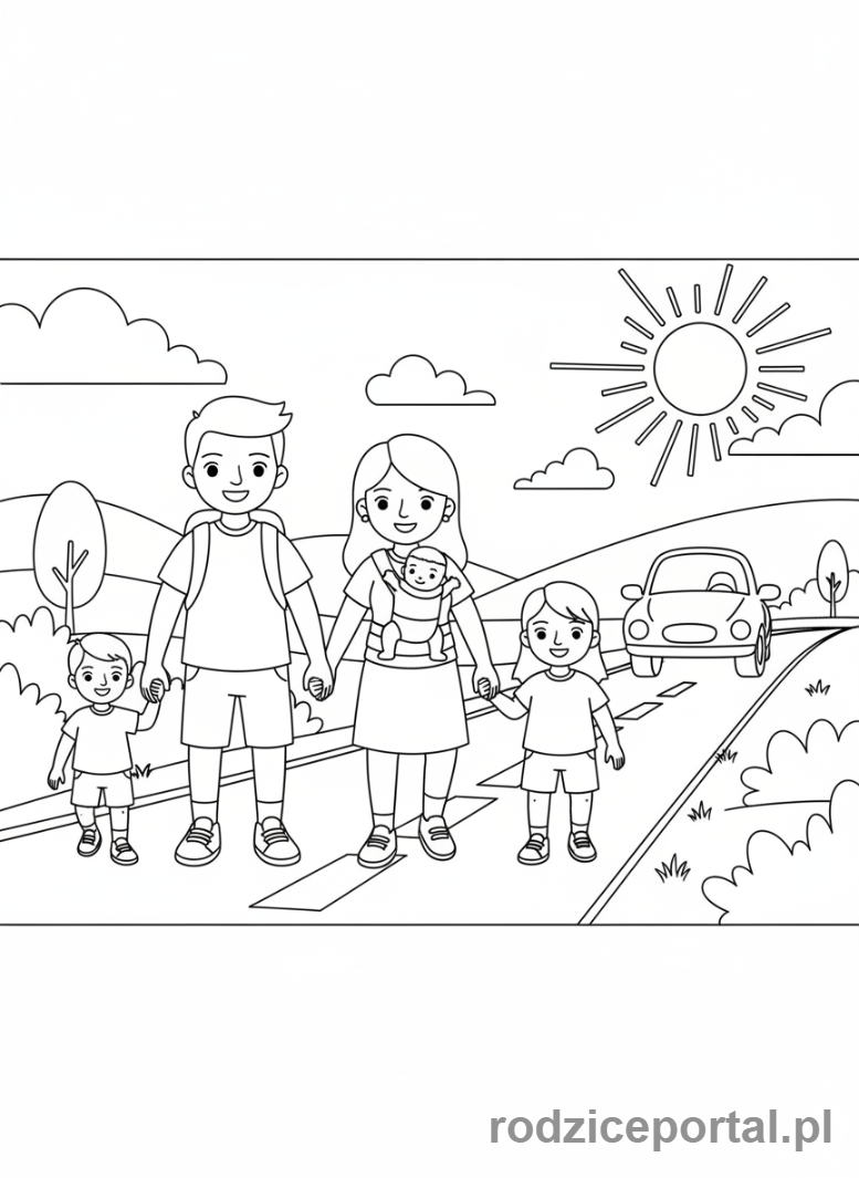 Kolorowanka Bezpieczeństwo Na Drodze - Rodzina na poboczu