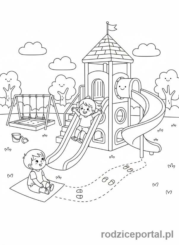 Kolorowanka Bezpieczeństwo Na Placu - Czekanie na zjeżdżalni