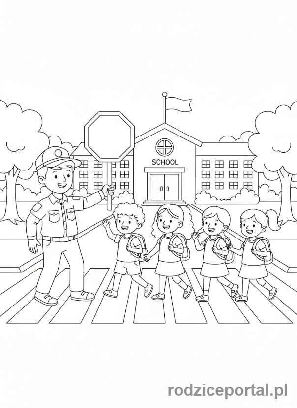 Kolorowanka Bezpieczeństwo Publiczne - Osoba pomagająca dzieciom przejść