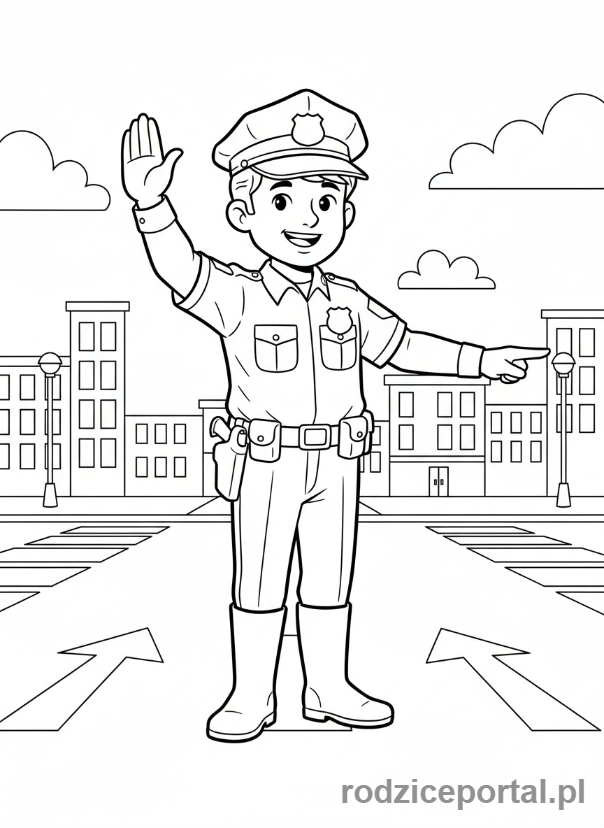 Kolorowanka Bezpieczeństwo Publiczne - Policjant kieruje ruchem