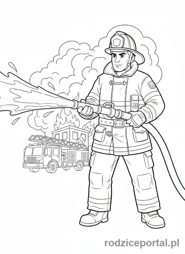 Kolorowanka Bezpieczeństwo Publiczne - Strażak z wężem
