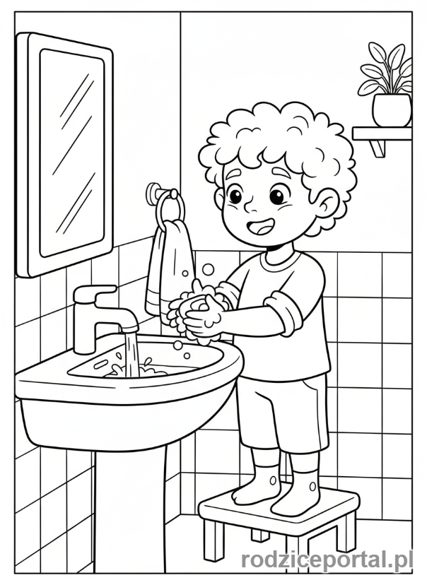 Kolorowanka Bezpieczeństwo W Domu - Dziecko myje ręce.