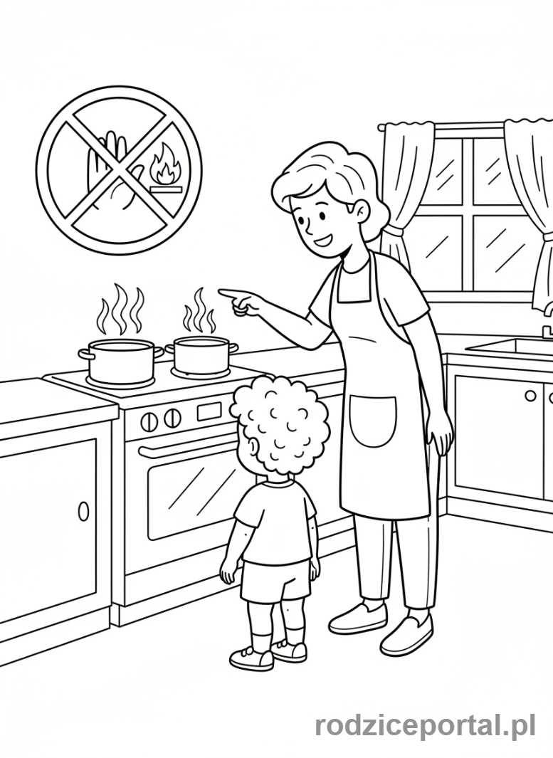 Kolorowanka Bezpieczeństwo W Domu - Dziecko nie dotyka gorącej kuchenki.