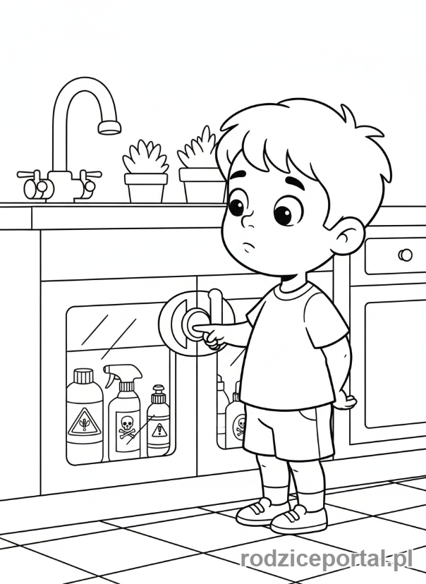 Kolorowanka Bezpieczeństwo W Domu - Dziecko nie dotyka środków czystości.