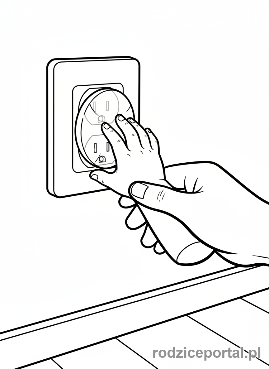 Kolorowanka Bezpieczeństwo W Domu - Dziecko nie wkłada palców do gniazdka.
