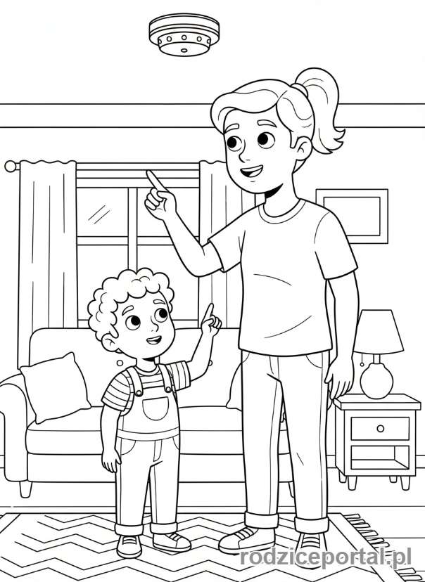 Kolorowanka Bezpieczeństwo W Domu - Dziecko z rodzicem sprawdza czujnik dymu.