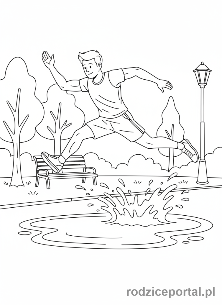 Kolorowanka Bieganie - Biegacz skaczący przez kałużę