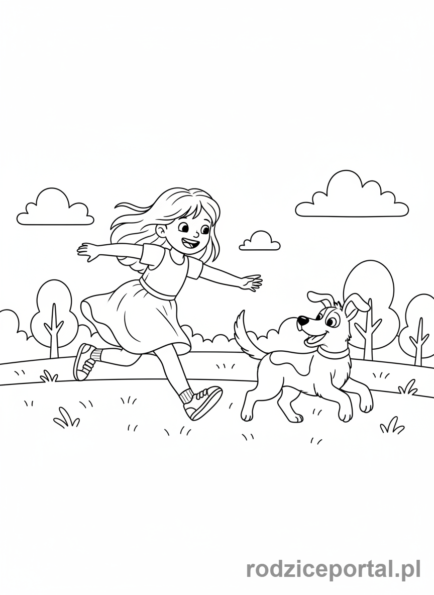 Kolorowanka Bieganie - Dziewczynka biegnąca z psem