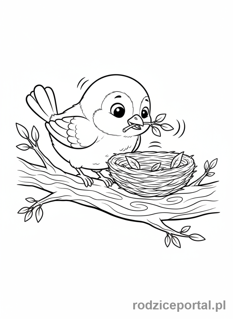 Kolorowanka Biologia Dla Dzieci - Ptak_buduje_gniazdo