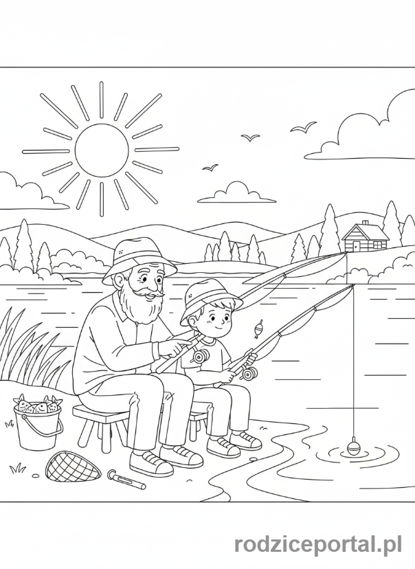 Kolorowanka Biwak - Dziadek z wnukiem łowią ryby nad jeziorem