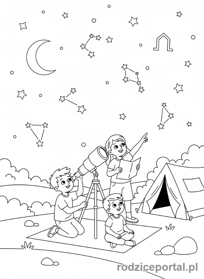 Kolorowanka Biwak - Dzieci patrzące w gwiazdy przez teleskop