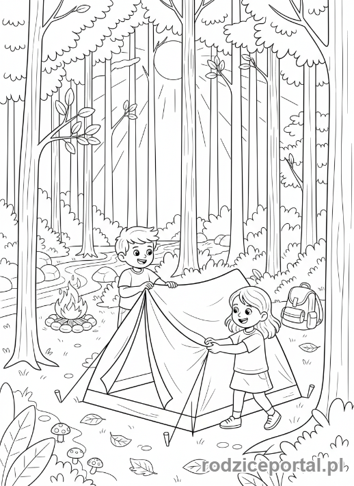 Kolorowanka Biwak - Dzieci rozstawiają namiot