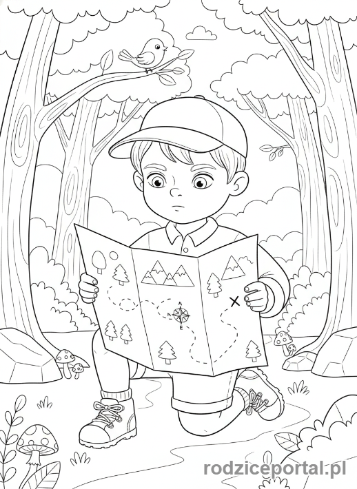 Kolorowanka Biwak - Dziecko czytające mapę w lesie, zbliżenie