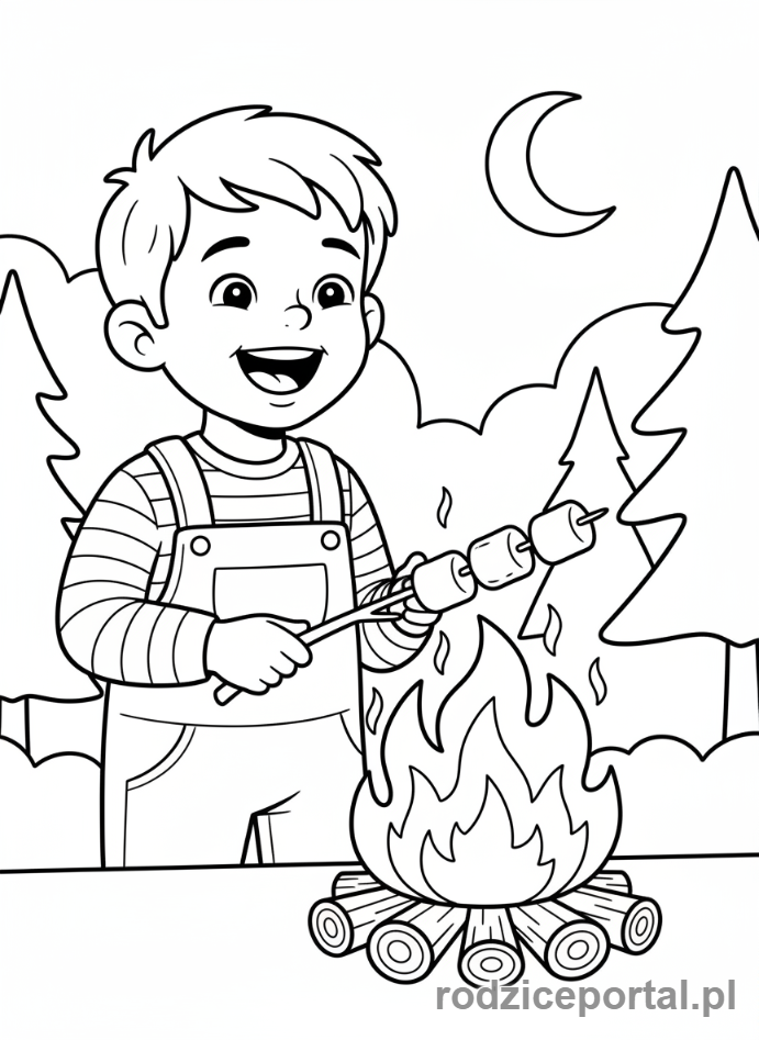 Kolorowanka Biwak - Dziecko piecze pianki na ognisku, zbliżenie