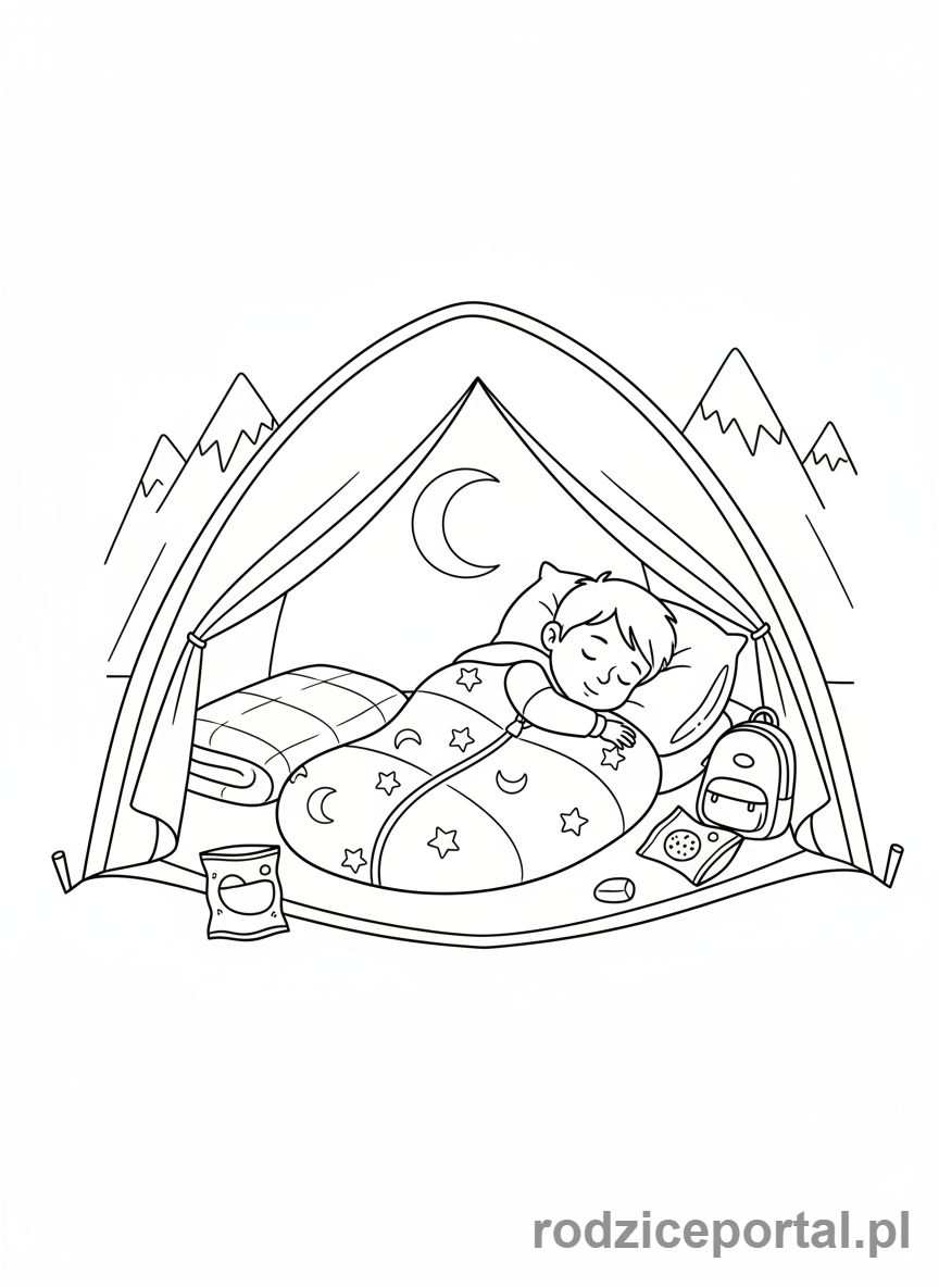 Kolorowanka Biwak - Dziecko śpi w śpiworze w namiocie, zbliżenie