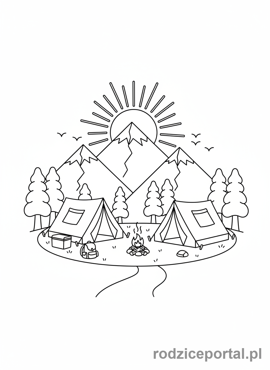 Kolorowanka Biwak - Poranek na polu namiotowym, wschód słońca