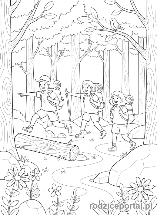 Kolorowanka Biwak - Przyjaciele spacerują po lesie z plecakami