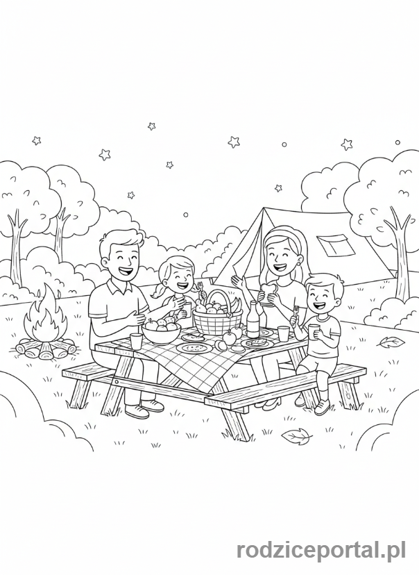Kolorowanka Biwak - Rodzina je obiad na kempingu