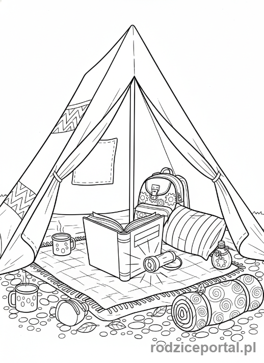 Kolorowanka Biwak - Wnętrze namiotu z latarką i książką