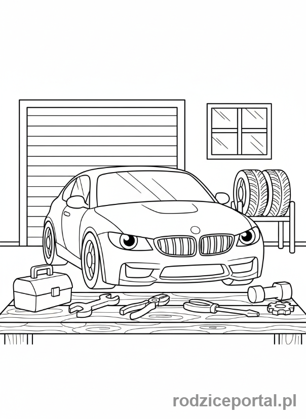 Kolorowanka Bmw - BMW w garażu z narzędziami