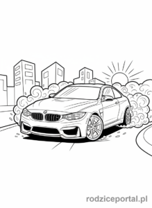 Kolorowanka Bmw - Dynamiczne BMW M4 driftujące z dymem