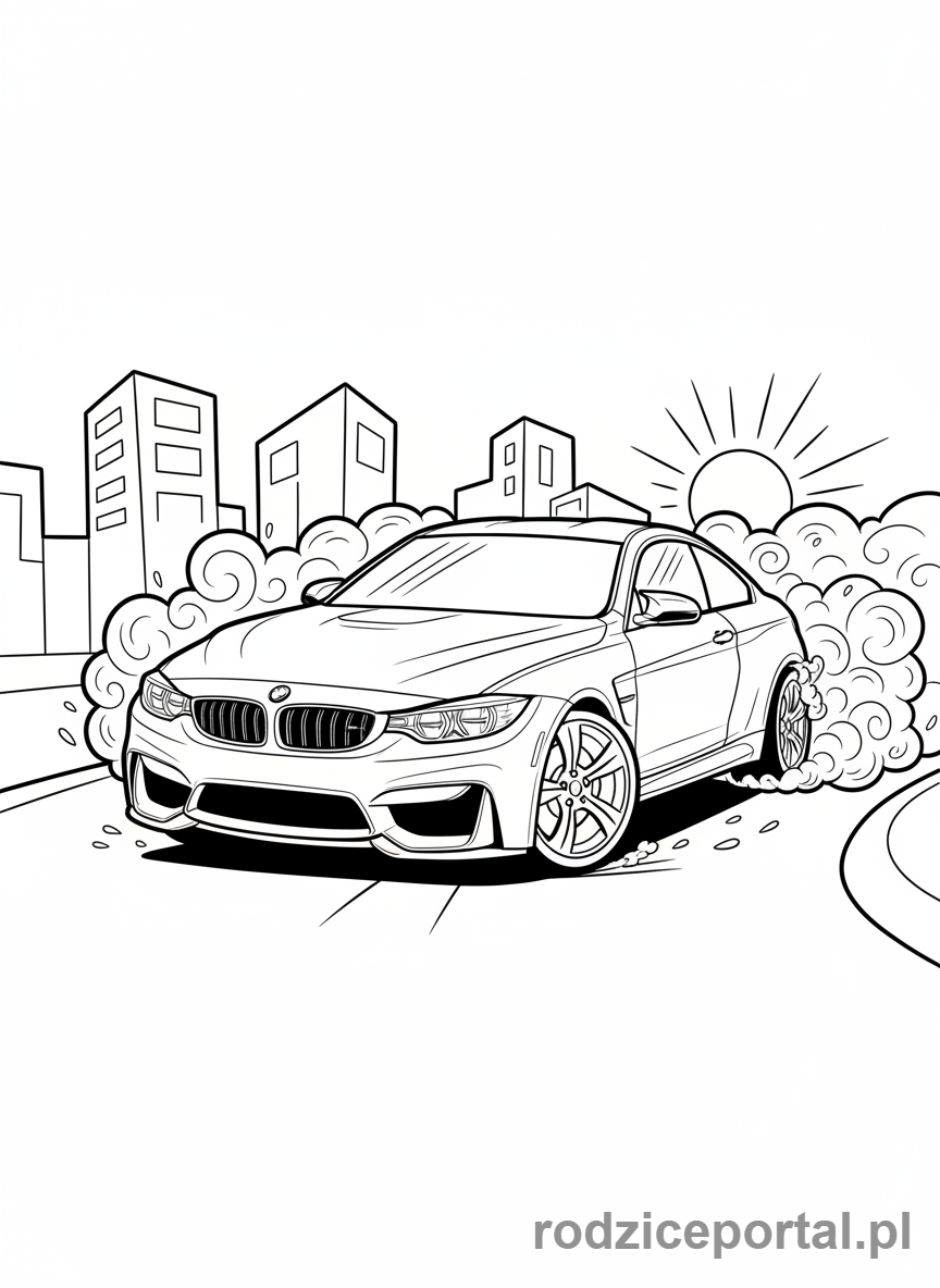 Kolorowanka Bmw - Dynamiczne BMW M4 driftujące z dymem