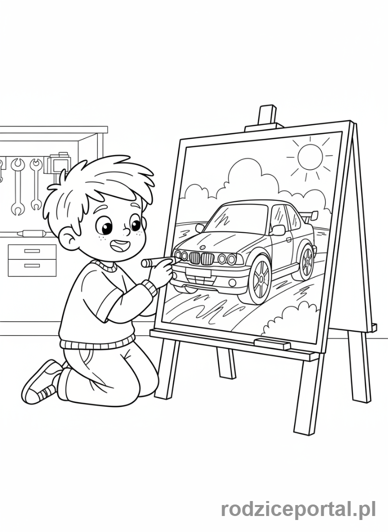 Kolorowanka Bmw - Dziecko rysujące samochód BMW