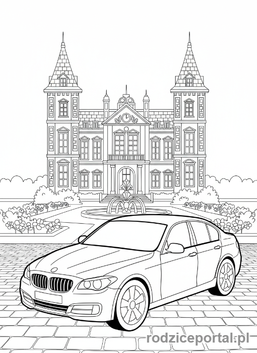 Kolorowanka Bmw - Eleganckie BMW przed zabytkowym pałacem
