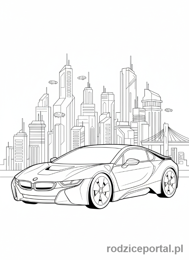 Kolorowanka Bmw - Futurystyczne BMW i8 na tle miasta
