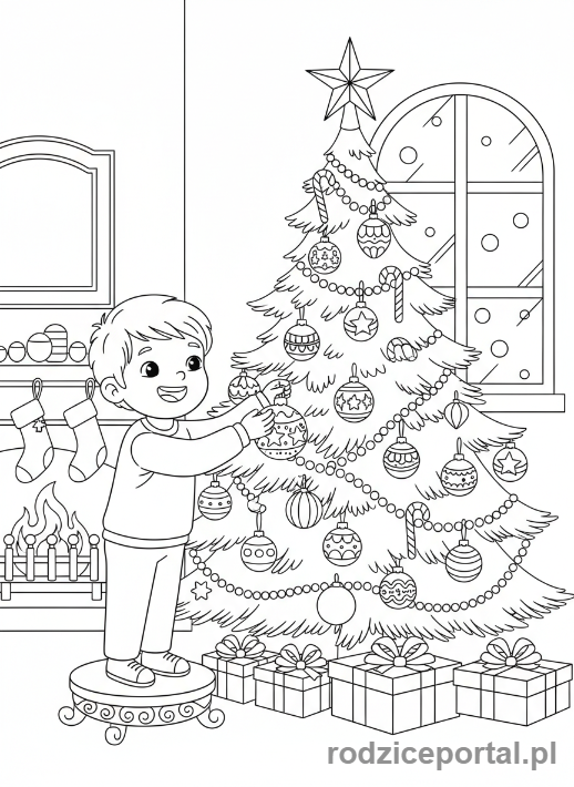 Kolorowanka Bombka - Dziecko wiesza bombkę