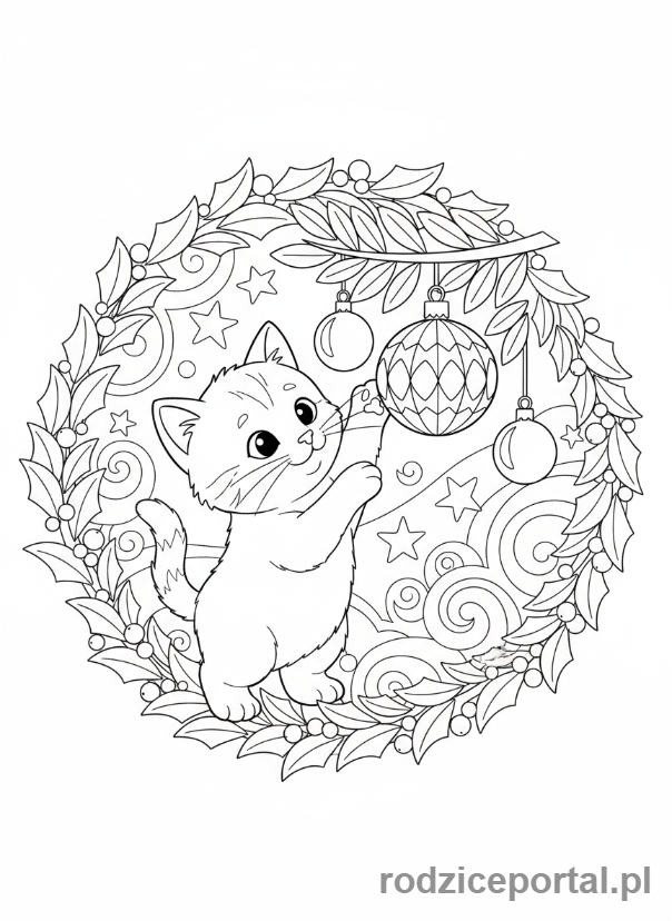 Kolorowanka Bombka - Kot bawi się bombką