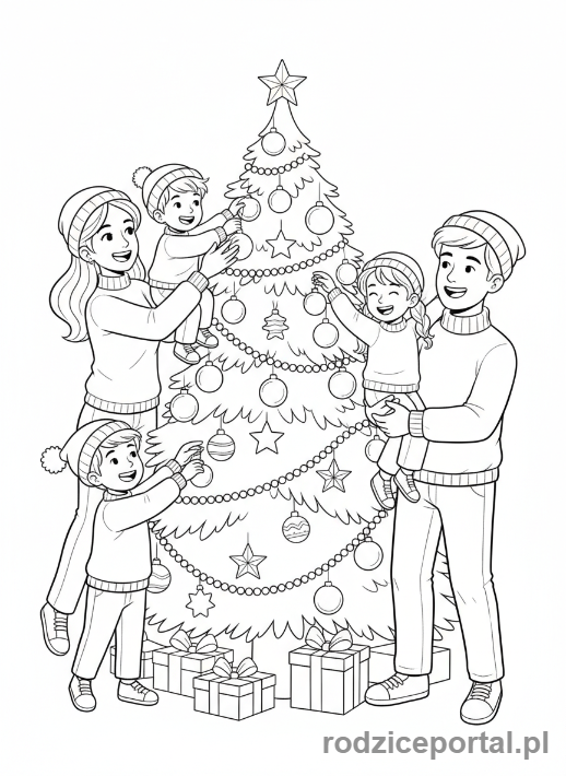 Kolorowanka Bombka - Rodzina ozdabia choinkę bombkami