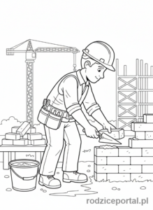 Kolorowanka Budowlaniec - Budowlaniec murarz, kładzie cegły
