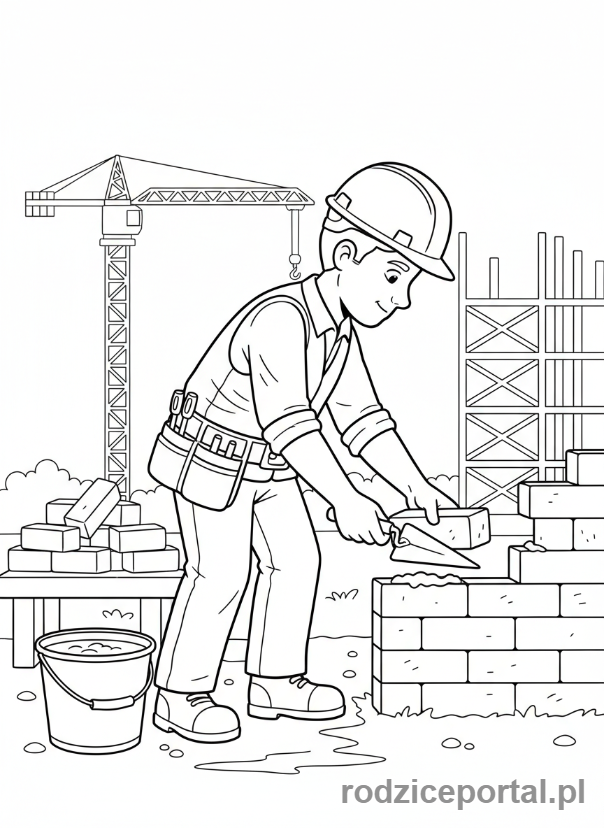 Kolorowanka Budowlaniec - Budowlaniec murarz, kładzie cegły