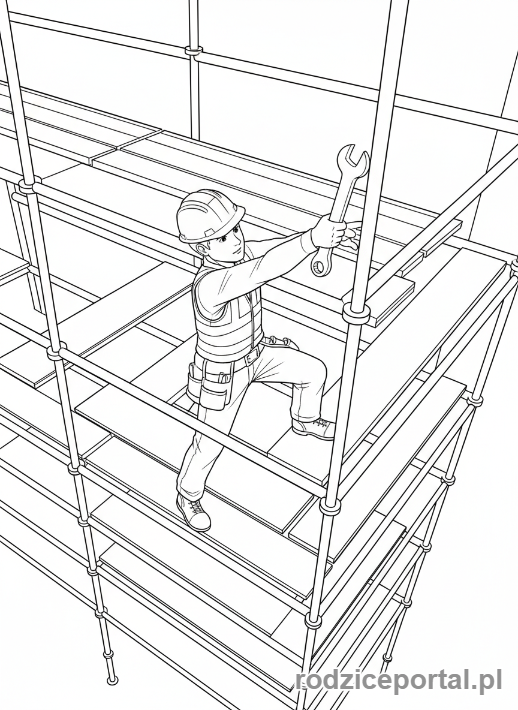 Kolorowanka Budowlaniec - Budowlaniec na rusztowaniu, wysoki kadr
