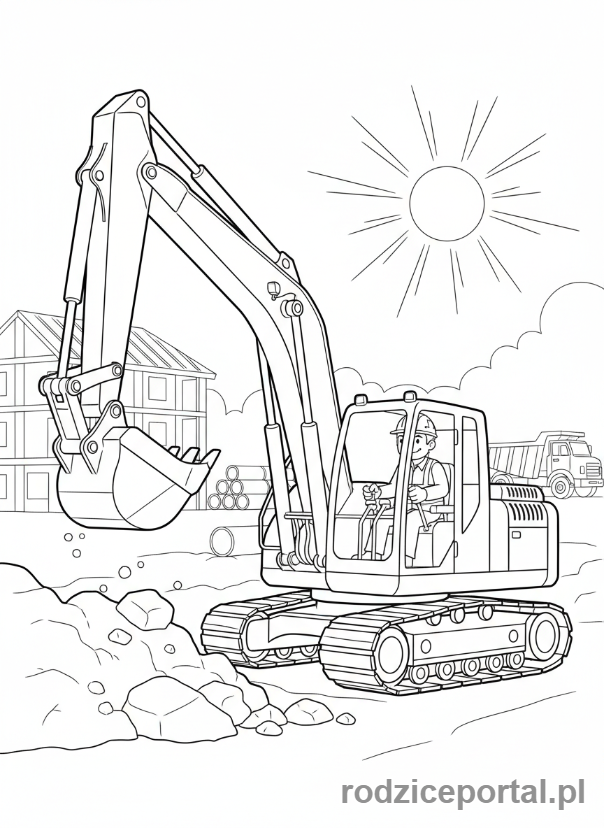 Kolorowanka Budowlaniec - Budowlaniec obsługujący koparkę