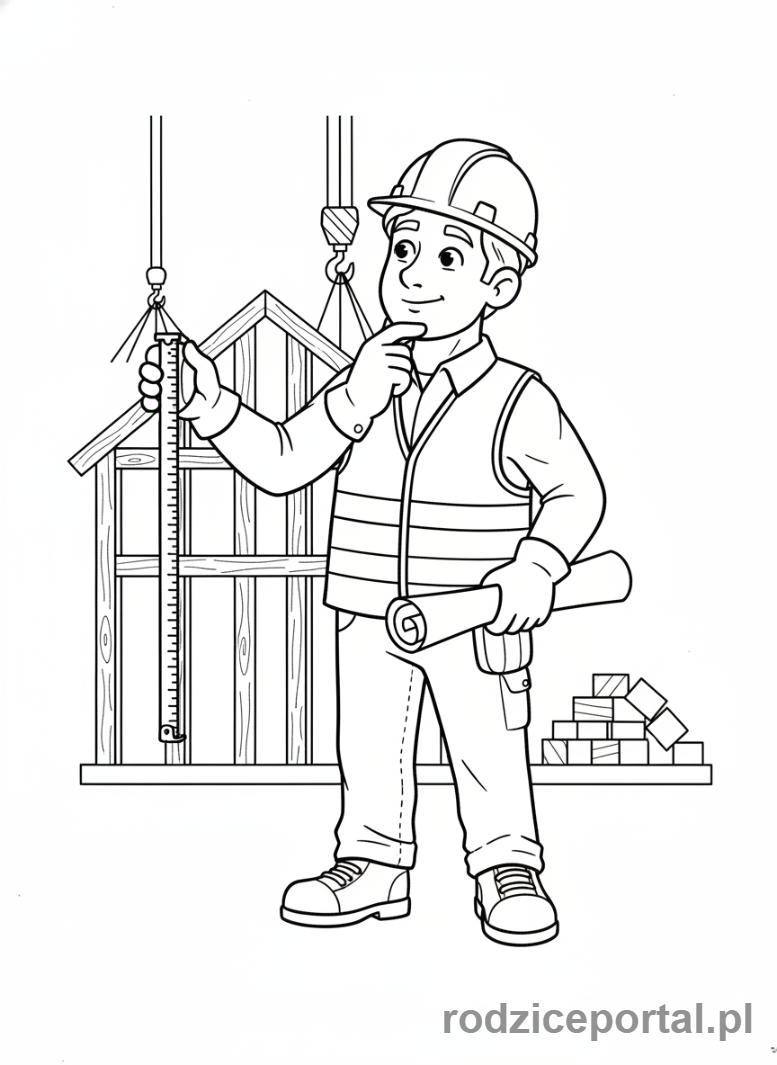 Kolorowanka Budowlaniec - Budowlaniec z miarką i planami