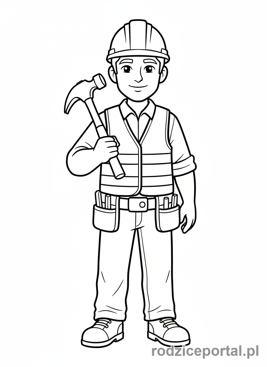 Kolorowanka Budowlaniec - Budowlaniec z młotkiem, cała postać