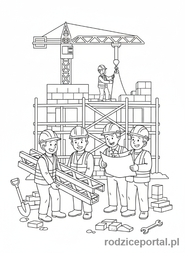 Kolorowanka Budowlaniec - Grupa budowlańców, praca zespołowa