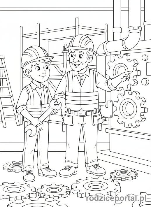 Kolorowanka Budowlaniec - Młody budowlaniec, nauka od mistrza