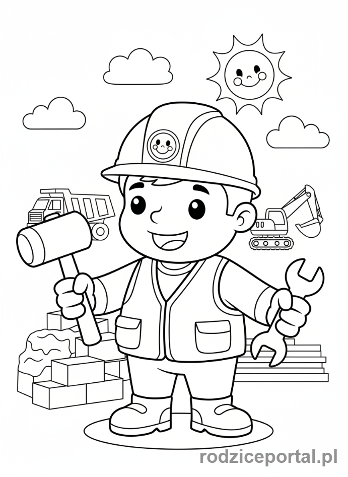 Kolorowanka Budowlaniec - Uśmiechnięty budowlaniec, styl kreskówka
