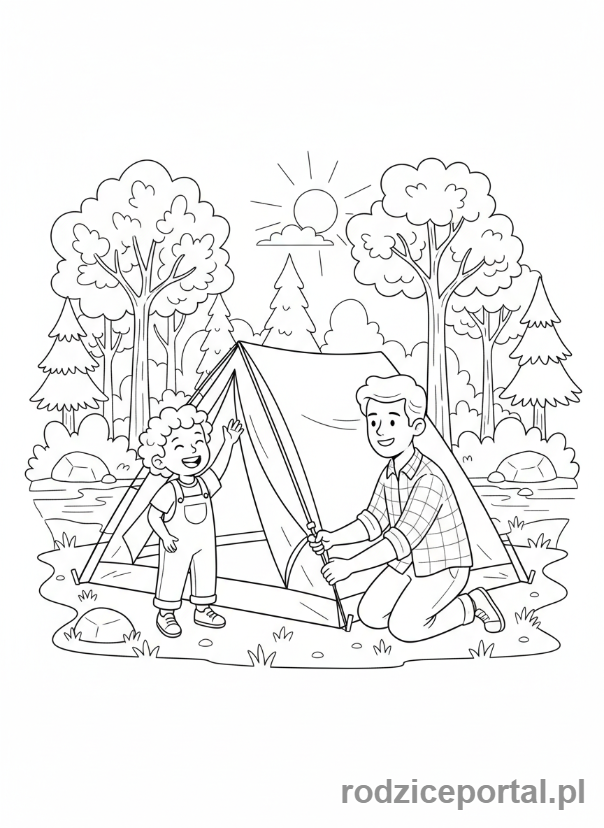 Kolorowanka Camping - Rozkładanie namiotu