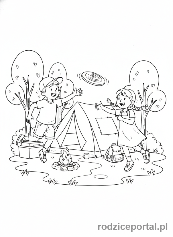 Kolorowanka Camping - Zabawy przed namiotem