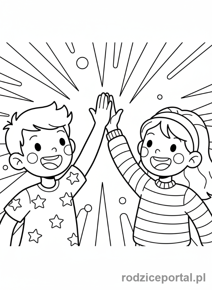 Kolorowanka Cele - Dwóch przyjaciół dających sobie 'piątkę' po wspólnym sukcesie, akcja, zbliżenie na ręce i uśmiechnięte twarze.