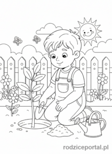 Kolorowanka Cele - Dziecko sadzące małe drzewko, z motyką, cała postać, w ogrodzie.
