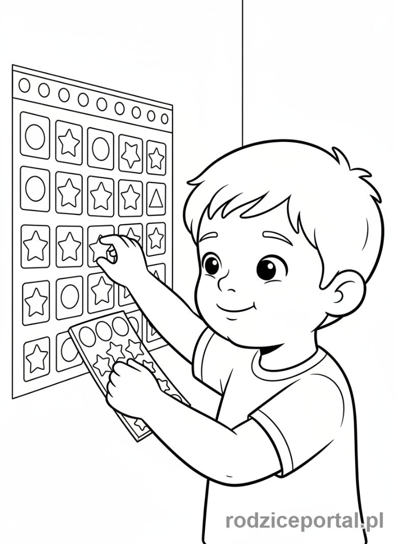Kolorowanka Cele - Dziecko z naklejkami na tabeli postępów, dumne, zbliżenie na twarz i tabelę.
