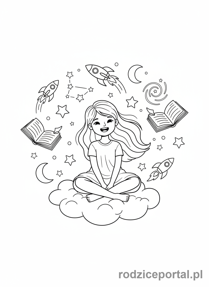 Kolorowanka Cele - Dziewczynka siedząca na chmurze, otoczona symbolami marzeń (gwiazdy, rakiety), cała postać, fantastyczny nastrój.