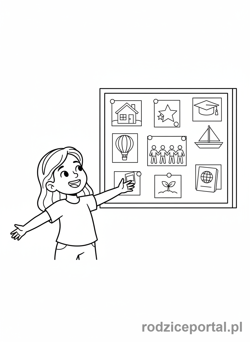 Kolorowanka Cele - Dziewczynka uśmiechnięta, patrząca na tablicę wizji pełną obrazków marzeń, cała postać.